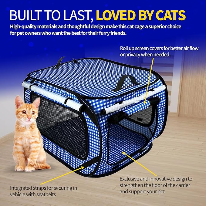 Pet Fit For Life Extra Large Cat Carrier for Travel - Foldable & Portable Collapsible Kennel with Litter Box, Feather Toy & Water/Food Bowl - Ideal for Cars, Long Trips & Indoor Cats - Blue Checkers