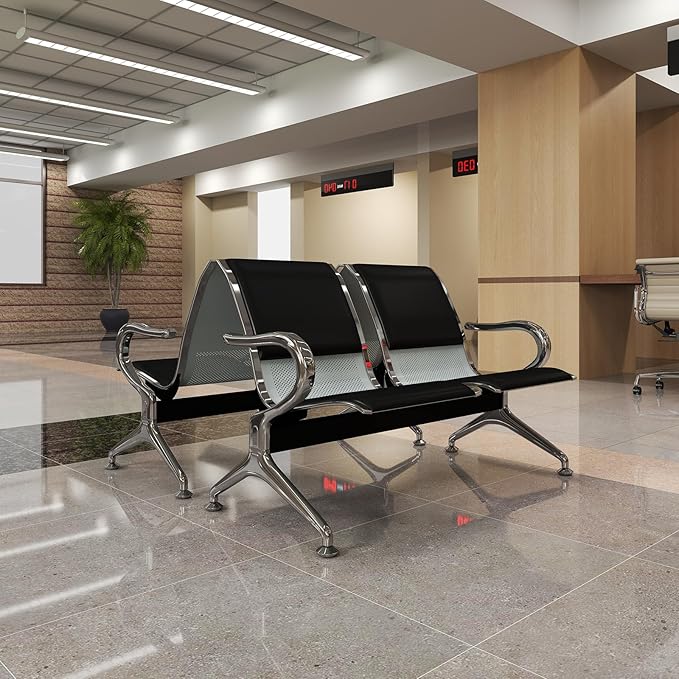 Kinfant Waiting Room Chairs Set- 2-Seat PU Leather Office Chair Guest Reception Waiting Room Bench Furniture for Airport, Hospital, Bank, Salon, Barbershop(Black, Set of 2)