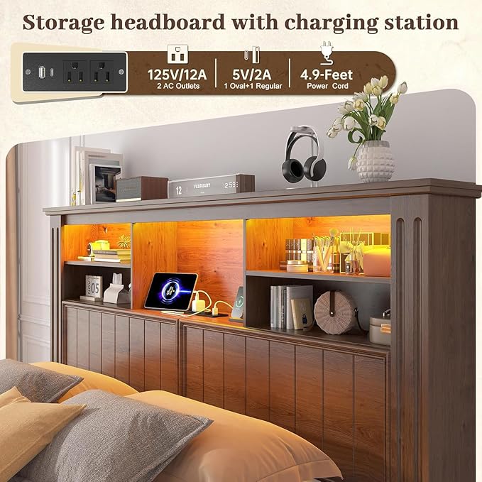 EnHomee Full Size Bed Frame with Headboard, Full Bed Frame with 4 Drawers Charging Port & LED, Farmhouse Bed Full Built in Charging Station,No Box Spring Needed,NO Noise,Vintage Brown