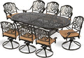 MEETWARM 9-Piece Outdoor Patio Dining Set, All-Weather Cast Aluminum Patio Conversation Set for Backyard Garden Deck with 8 Cushioned Swivel Rocker Chairs, 1 Oval Table, 2" Umbrella Hole