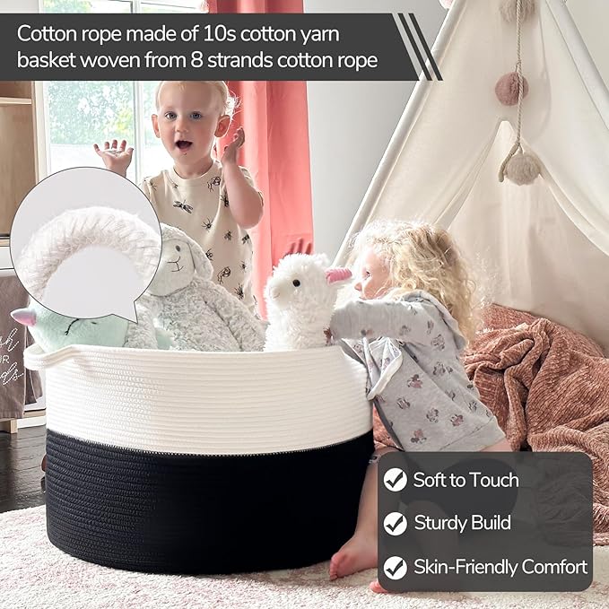 INDRESSME Large Cotton Rope Baskets for Storage, 21.7 x 13.8 Blanket Storage for Living Room Toy Baskets Kids, Baby Laundry Basket for Dirty Clothes, Pillows, 90L White & Black