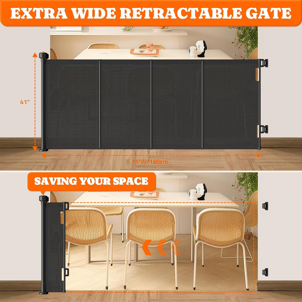 Pawtners Retractable Baby Gates Extra Wide, 41" Tall Extends up to 71" Wide, Dog Gate Indoor for Stairs, Pet Gate with Support Rods for Doorways Hallways Indoor & Outdoor-Black