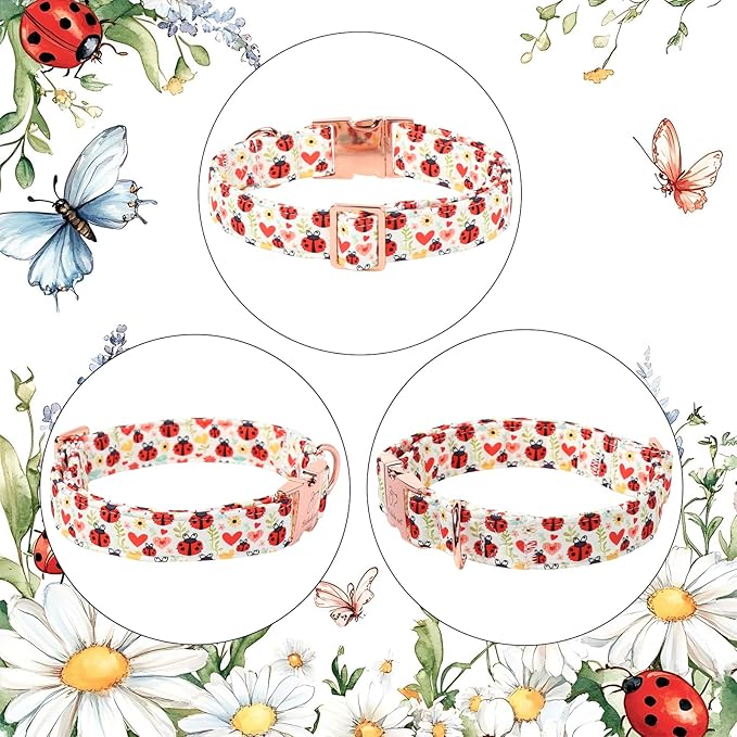 Cute Dog Collar for Large Dogs - Red Ladybug & Blooms Dog Collars, Adjustable Heavy Duty Pet Collar for Dog Moms & Kids with Metal Buckle L