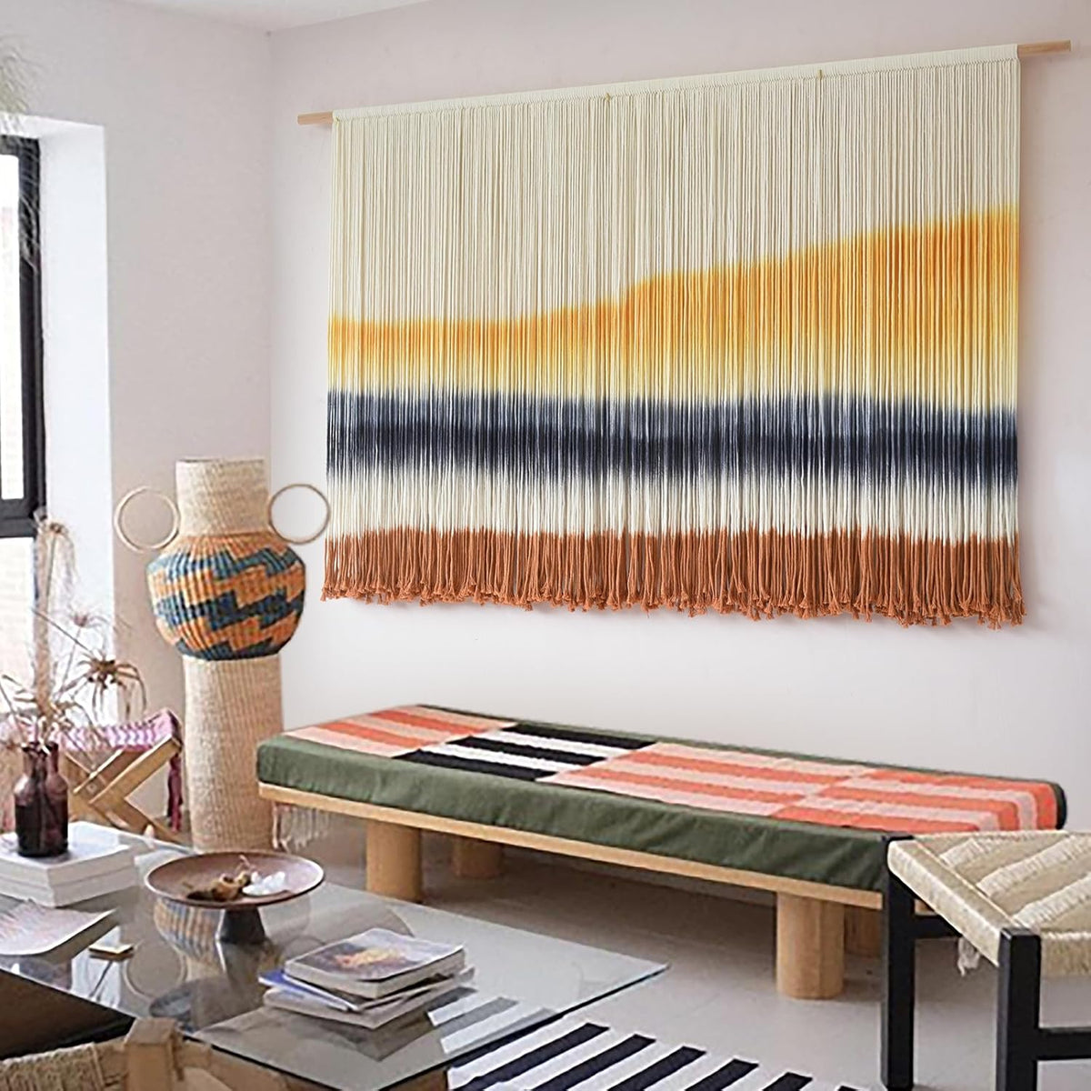 Flber Macrame Wall Hanging Extra Large Dip-Dyed Coastal Tapestry Boho Wall Decor for Living Room Bedroom Above Couch 57" W x 35" L