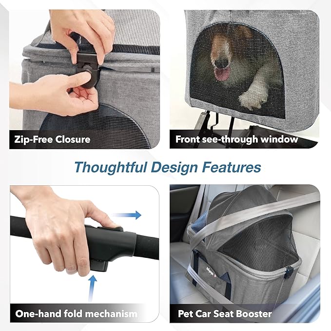 ibiyaya Essential – Travois Tri-Fold Pet Travel System for Medium Dogs, Cats, and More, 3 in 1 Dog Stroller with Detachable Carrier, XL Cabin (Taupe Gray)