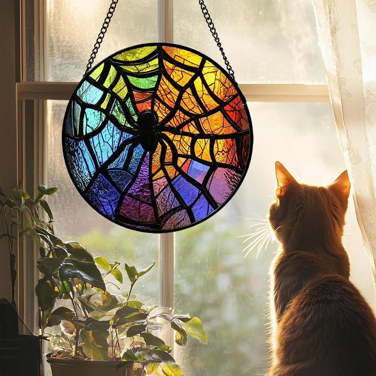 Stained Glass Suncatcher, Colorful Spider Sun Catcher Black Insect Stain Glass Window Hanging Decoration Mother's Day Birthday Gifts for Women Men Mom Nana 9.8 in