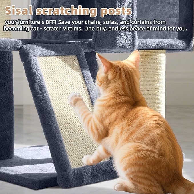 Cat Tree with Cat Condo and Two Hammocks, Cat Tree with Scratching Posts and Scratching Pads, Cat Tower for Indoor Cats, Activity Centre Climbing Tree with Playful Toy Balls, Grey