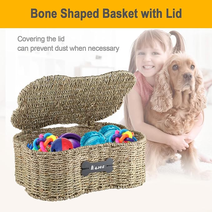 Seagrass Wicker Baskets for Dog Toys,Bone Shaped Dog Toy Bin with Lid,Personalized Dog Toy Organizer Boxes for Living Room,Farmhouse Handmade Pet Dog Storage,Dog Stuff Organizer
