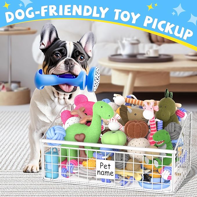 Indestructible Dog Toy basket, Medium Toy Box for Dogs,Pet Toy Bin Dog Metal Basket for Toys, Dog Toy Storage, Dog Storage Organizer,Dog Toy Box for Living Room Area (White)