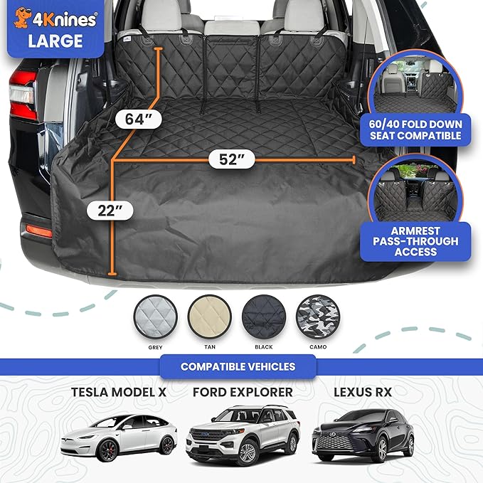 4Knines Split Cargo Liner for SUV – For Dogs & Pets, Heavy-Duty, Waterproof Trunk Mat & Cargo Cover – Fits 60/40 Split Bench & Armrest Pass-Through – Machine Washable, Non-Slip, Durable (Large, Black)