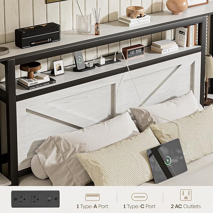 Full Size Rustic Bed Frame with Storage Born Door Headboard and Bedside Storage, Industrial Farmhouse Metal Platform Bed Frame with Charging Station and LED Lights, White