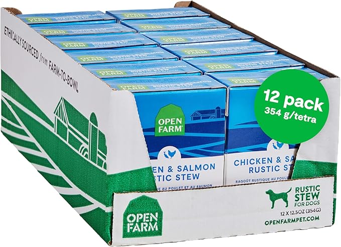Open Farm Rustic Stews Wet Dog Food, Grain-Free, Complete & Balanced with Human-Grade Ingredients, Humanely-Raised Meat & Bone Broth, Chicken & Salmon Recipe, 12.5oz Packs (Case of 12)