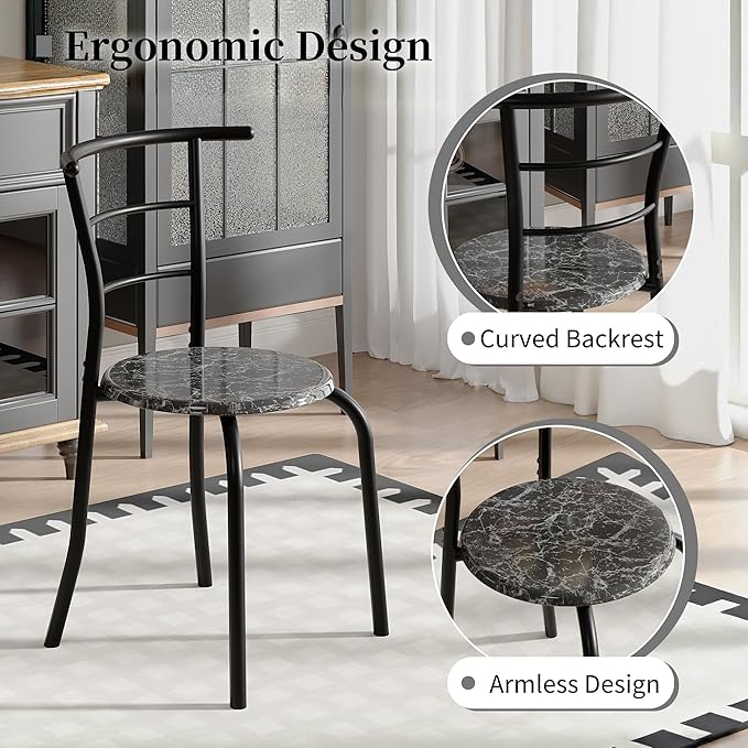 VECELO 3-Piece Dining Table Set for Kitchen Breakfast Nook, Wood Grain Oval Tabletop and Metal Frame with Built-in Wine Rack, for Small Spaces, Faux Marble & Black