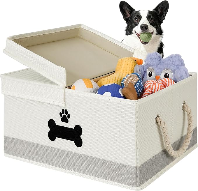Dog Toy Basket with Double-Open Lid, Divided Dogs Basket for Toys, Collapsible Pet Toys Box, Dog Storage Organizer with 2 Divided Area, Puppy Toy Baskets with Rope Handles, Beige & Gray