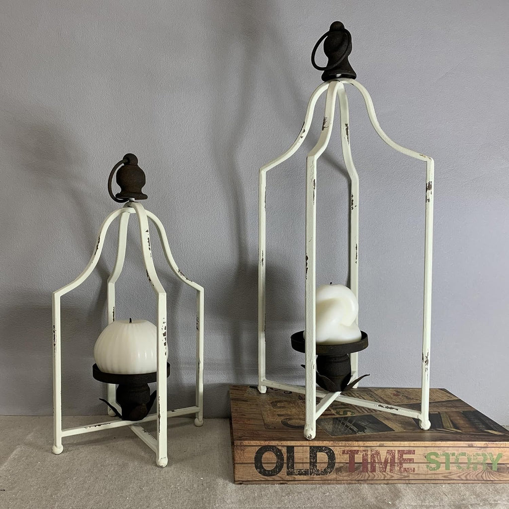 Large Tall Shabby Chic Lanterns Decorative Indoor Outdoor, Outside Gifts Front Porch Patio Vintage Metal Candle Holders, Fireplace Table Floor Farmhouse Rustic Decor Set of 2