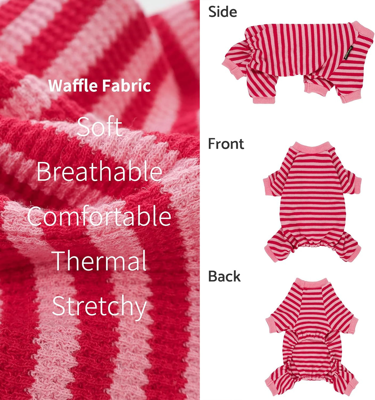 Fitwarm Pink and Red Striped Dog Pajamas, Waffle Dog Clothes for Small Dogs Girl Boy, Puppy Onesie with Feet, Pet Cat Outfit, Medium