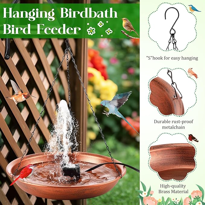 24.8 Extra Large Hanging Bird Bath with 8W Fountain Pump, 14" Copper Metal Bird Bath Bowl with Adjustable 3 Water Flow Modes and 2 Spray Nozzles, Birdbath Feeder for Outdoor Garden Backyard Patio Lawn
