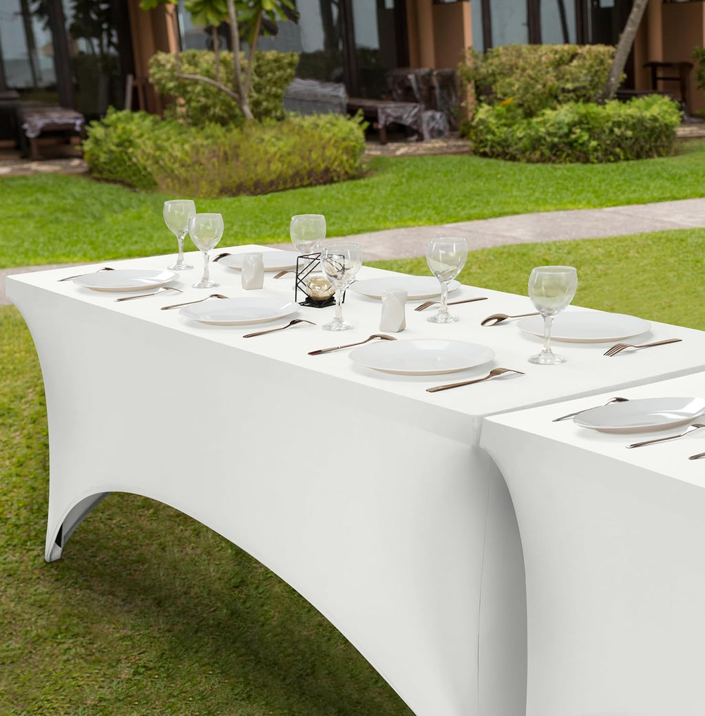 Utopia Kitchen 8FT Spandex Tablecloth [2 Pack, White] 200 GSM Stretch, Fitted, Washable and Wrinkle Resistant Table Cloth Rectangle Cover for Trade Shows, Wedding, Parties [96Lx30Wx30H Inch]