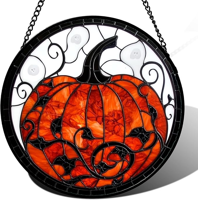 Stained Glass Window Hanging - Halloween Red White Scary Pumpkin Suncatcher for Doors Garden Home Spooky Rattan Sun Catchers Gothic Decor Horror Gifts for Women Men Friend Boy Girl 6.3 in