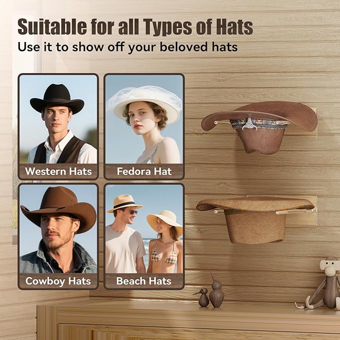 Cowboy Hat Rack for Wall: 2 Pack Acrylic Hat Holder Organizer - Western Rustic Wall Mounted Hat Hanger Stand for Cowboy Hat, Fedora, Sun Hats