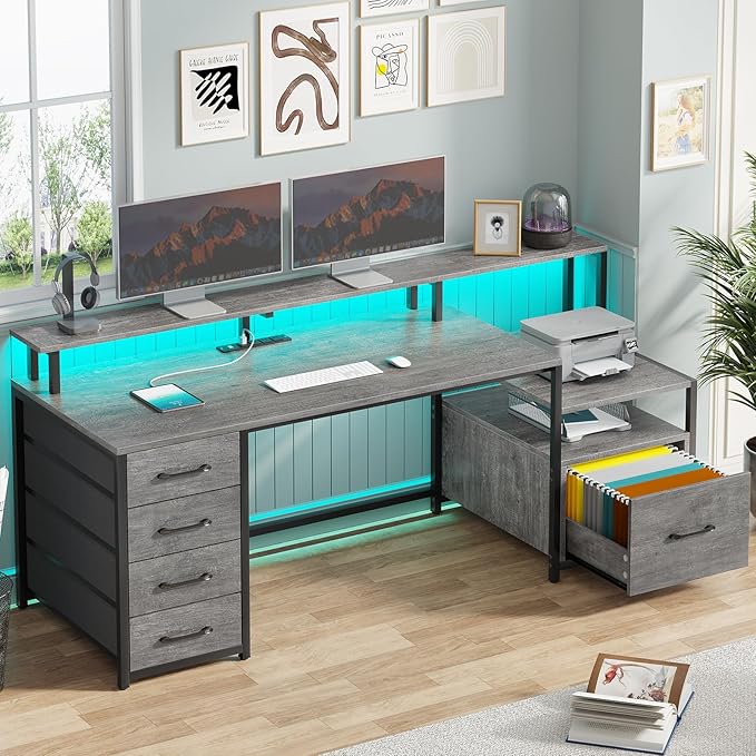 SEDETA Home Office Desk with File Drawer & Power Outlet, 66'' Computer Desk with 5 Drawer, Storage Shelves, Printer Cabinet and Monitor Shelf, Gaming Desk with Led Lights, Grey