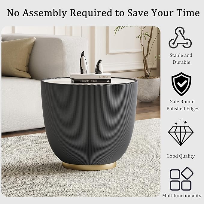Round Coffee Table Set with Sintered Stone Tabletop, 27.56" Grey Drum Center Table and 19.69" Grey Coffee Table Set, 2 Pieces Living Room Table Set with Fluted PU Leather Cover& Metal Base