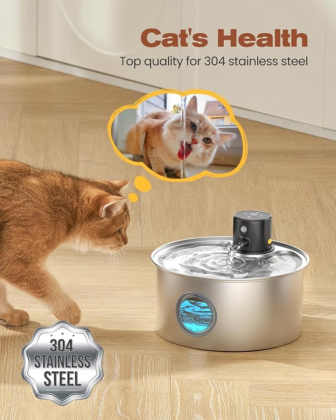 Cat Water Fountain with Motion Sensor: Rechargeable Cat Fountain Wireless - Metal Pet Water Fountain Powered by 4000 mAh Battery - 108oz/3.2L Cordless Animals Water Fountain Inductor -16 Filters