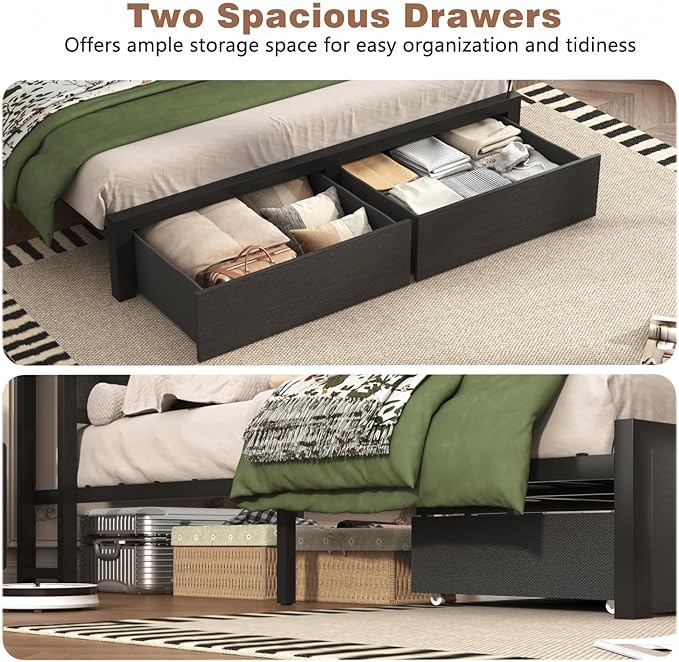 Farmhouse Full Bed Frame with Bookcase Storage Headboard, Charging Station, LED Light and 2 Storage Drawers, Noise Free, No Box Spring Needed, Black