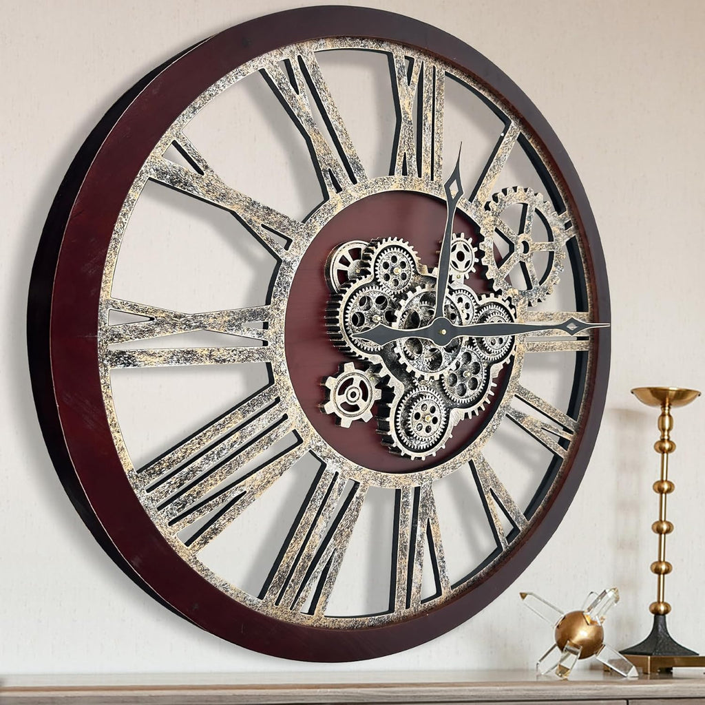 The B-Style Large Real Moving Gears Wall Clock 30 inch Rustic Retro Industrial Farmhouse Wood Clock Oversized Decorative Vintage Wall Clocks for Living Room (Cherry red and Bronze
