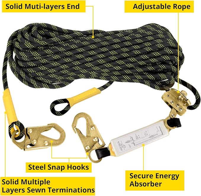 TRSMIMA Rope Harness Safety Lanyard：100ft Roofing Rope Fall Protection | Vertical Safety Harness Rope With Grab Snap Hooks Shock Absorber - Tree Climbing Line Kit Heavy Duty Safety Equipment ANSI CE