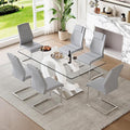 63'' Glass Dining Table Set for 6, Kitchen Table Chairs Set of 6, Clear Glass Dining Table with White unique design Leg and Silver Metal Base, 6 PU Dining Chairs with Metal Legs, Living Room, Kitchen.