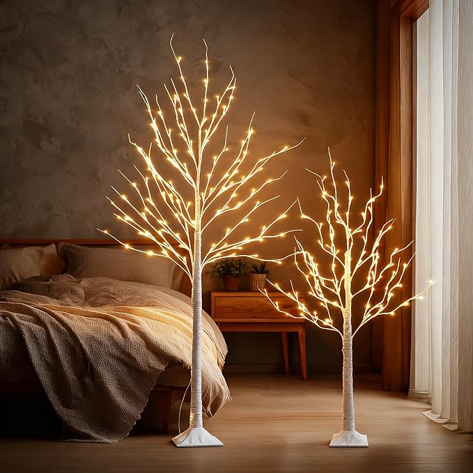 TW SHINE Set of 3 Lighted Birch Tree, 4FT 6FT 8FT White Artificial Christmas Tree with Total 456 LED Light, Prelit Waterproof Christmas Decoration for Indoor Outdoor Thanksgiving Wedding Holiday