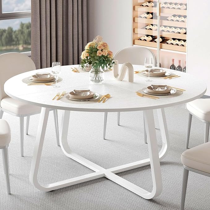 LVB Round Dining Table, Modern Wood Metal Kitchen Table, Industrial Small Dinner Room Tables for 4 to 6 People, Circle Coffee Dining Room Tables for Home Kitchen Living Room,White Oak, 51 Inch