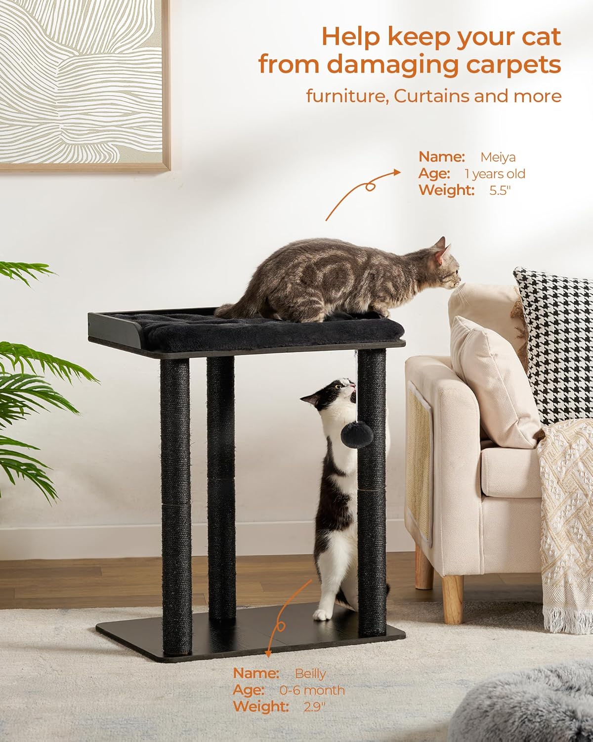 FourFurPets 26.7in Cat Tree Tower Condo, Cat Scratch Posts for Indoor Cats, Big Plate, Three 23.6in Full Sisal Scratching Posts, Black