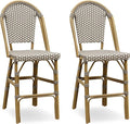 PURPLE LEAF French Counter Height Bar Stool Set of 2 25" Bamboo Print Finish Patio Bar Chairs with Back Rattan Bar Chairs French Bistro Set for Kitchen Outdoor Counter Stool Grey