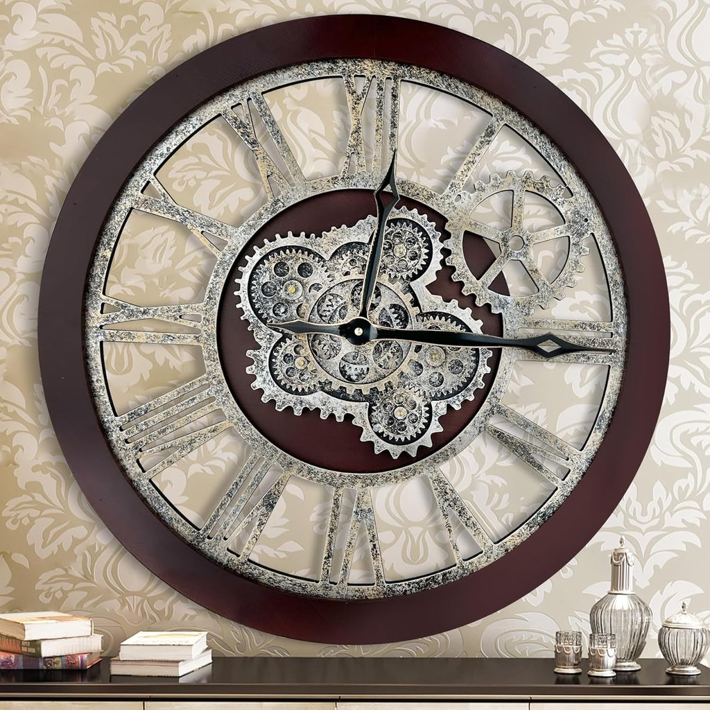 HOIBAI Large Wall Clock, Wall Clocks for Living Room Decor 30 Inch Farmhouse Vintage Rustic Kitchen Wall Decor Vintage Roman Oversized Wall Clock for Home Bedroom House, Moving Gears Clock