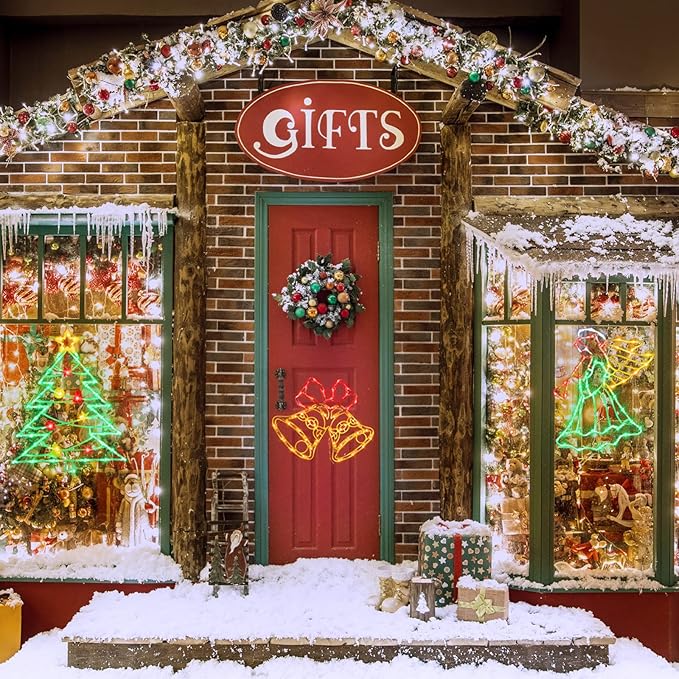 Christmas Decorations - 16" Christmas Window Silhouette Lights - 4 Pack Colour Lighted Santa & Reindeer & Christmas Tree & Bell for Holiday Indoor and Outdoor Wall Door Window Decorate