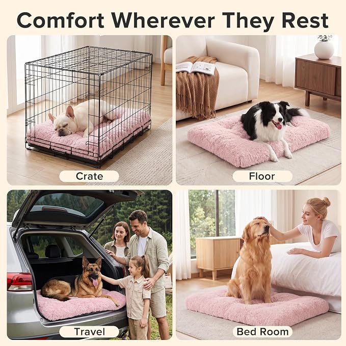 JOEJOY Large Dog Bed Crate Pad, Deluxe Plush Washable Dog Beds Fulffy Soft Kennel Pad Anti-Slip Pet Sleeping Mat for Extra Large Medium Small Dogs, 44" x 32", Pink