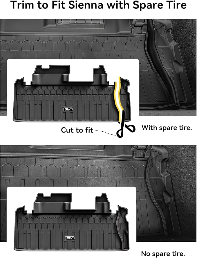 3W Floor Mats & Trunk Mat for Toyota Sienna 2021-2026 LE/XLE(Only for 8 Seat), TPE All Weather Custom Fit Floor Liner for Sienna 1st, 2nd and 3rd Row and Cargo Mat, Black