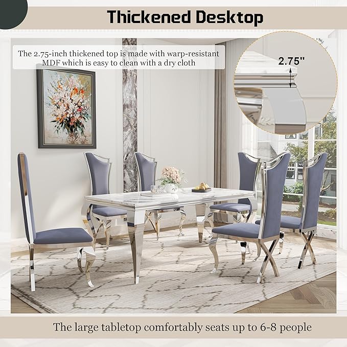 7-Piece Dining Table Set for 6, Modern Dining Room Set with 70'' Marble Dinner Table and 6 High-Back Upholstered Chairs, Stainless Steel Legs Table & Chair Set for Kitchen, Gray & Silver
