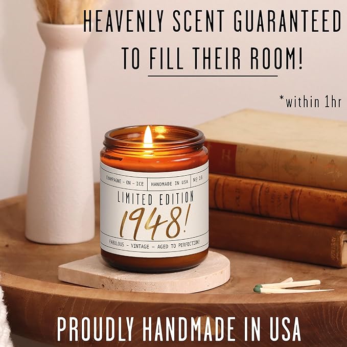 77th Birthday Gifts for Women - 'Limited Edition 1948' Soy Candle, w/Champagne on Ice I 77 Birthday Gifts for Women I 77th Birthday Gift for Her Ideas I 9oz Reusable Jar, 50Hr Burn, Made in USA