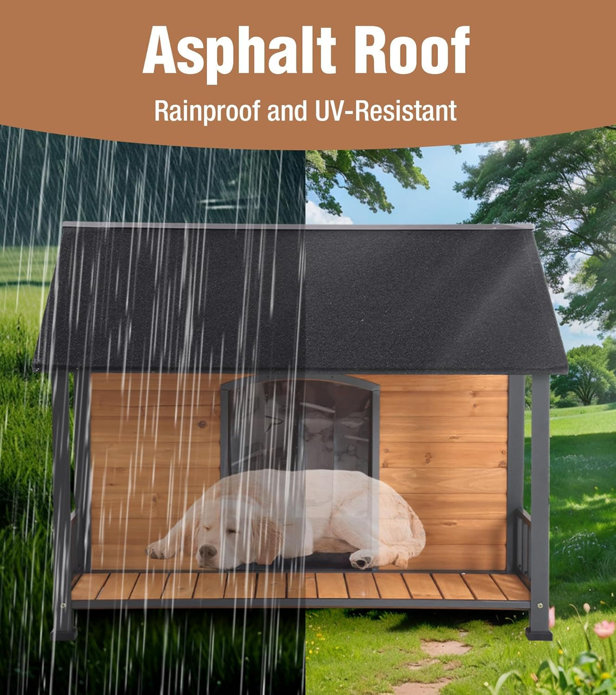 Gutinneen Large Dog House Outdoor with Strength Metal Frame, Outside Dog House with Waterproof Roof, PVC Curtain, Fir Wood Patio, Design for Small & Medium & Large Dogs