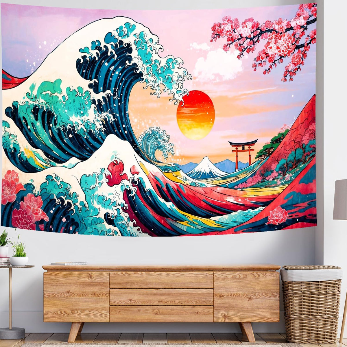 Delur Great Wave Tapestry Japanese Sunset Ocean Sea Wave Off Kanagawa Tapestry Wall Hanging Vintage Asian Anime Cherry Blossom Nature Headboard for Bedroom Living Room Home Decor (59.1" x 78.7")
