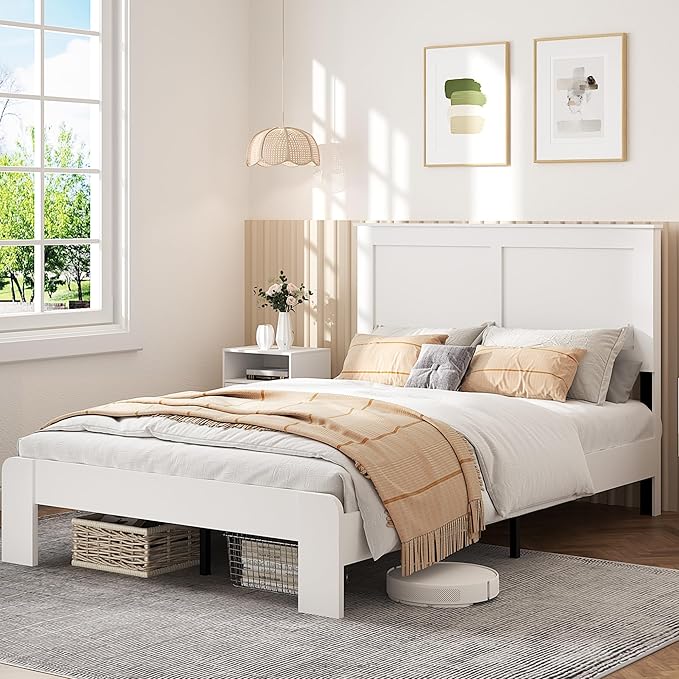 Full Size Bed Frame, Rustic Vintage Platform Bed Frame with Wood Headboard and Footboard, 12 Wood Slats Support, No Box Spring Needed (White, Full)