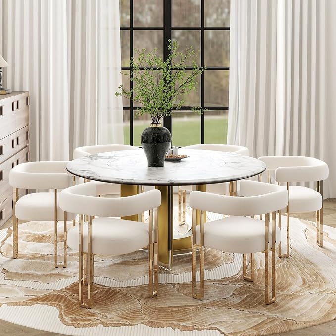 Beige and Gold Modern Dining Chairs Set of 6, Velvet Upholstered Barrel Armchairs with Metal Legs for Kitchen Island, Mid Century Accent Chairs for Dining Room Living Room, Open-Back