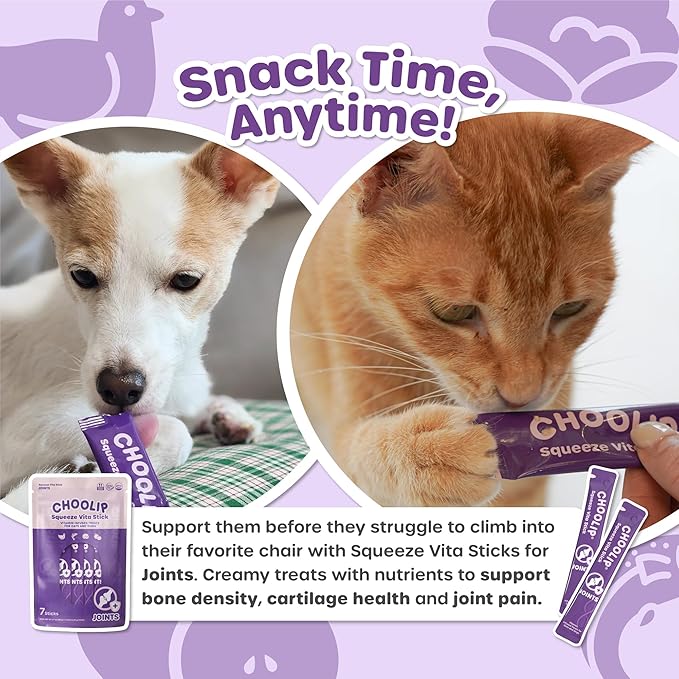Choolip Squeeze Vita Stick Lickable Cat Treats & Dog Puree – 7-Count Joint Support Tubes, Creamy Grain-Free High-Protein Puree with MSM, Glucosamine & Green Lipped Mussel for Joint & Mobility Health