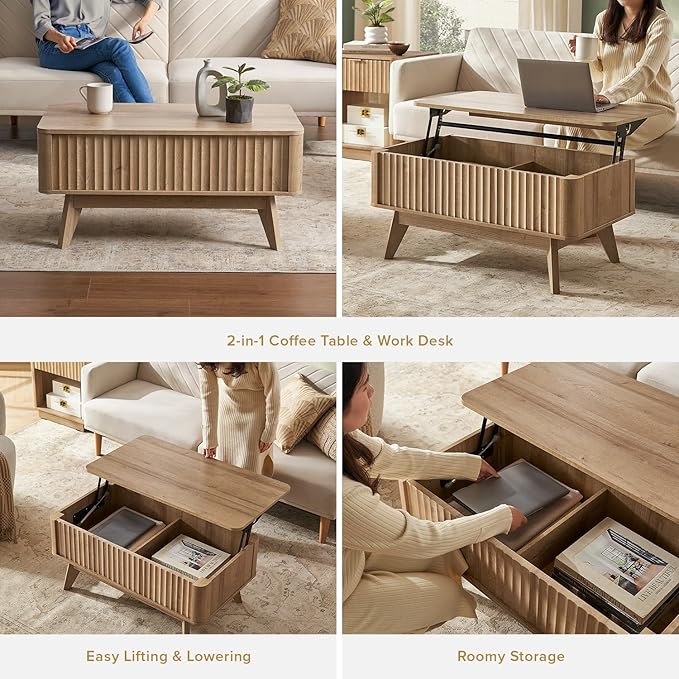 mopio Brooklyn Coffee Table, Lift Top Coffee Tables for Living Room, Mid Century, Modern Farmhouse Center Table with Lifting Top & Hidden Storage, Fluted Panel, Rising Pull Up (Oak Fluted)