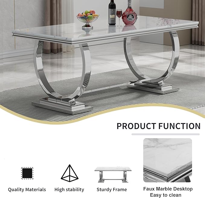 Goujxcy 7 Piece Marble Dining Table Set for 6, Luxury 70" White Marble Silver Kitchen Table with 6 Beige Velvet Upholstered Chairs, Modern 6 Person Dining Room Table Set for Kicken Dining Office Room