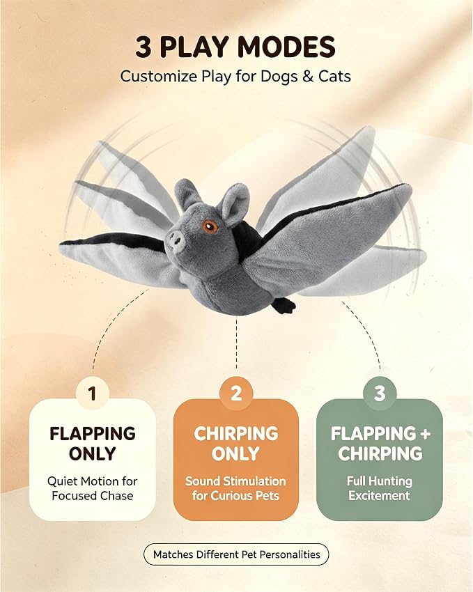 Flying Bat Dog Toy, Interactive Flying Bat Toy for Dogs with Flapping Wings, Chirping Sounds, USB Rechargeable, Touch Activated, Hanging or Floor Toy for Dogs, Puppies and Cats to Reduce Boredom，2 PCS
