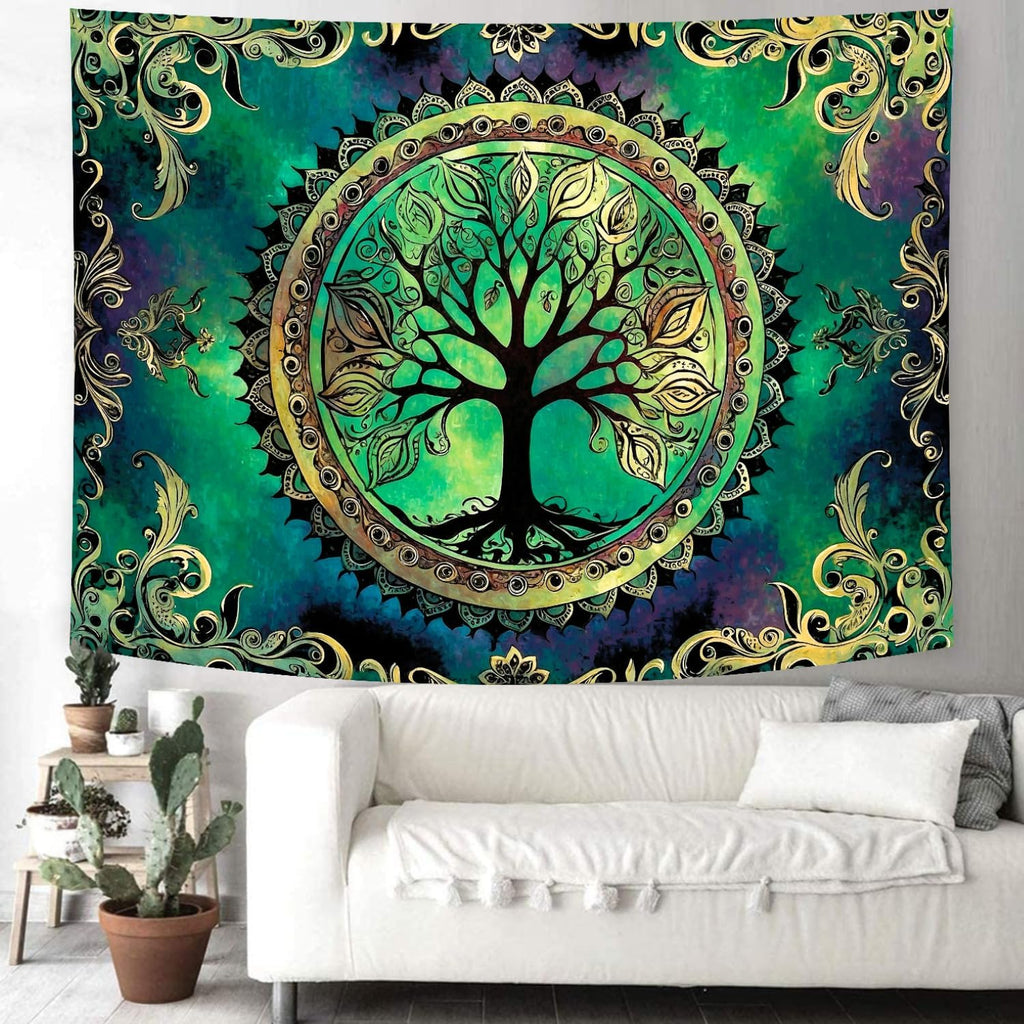Delur Tree of Life Tapestry Green Nature Bohemian Mandala Spiritual Tapestry Wall Hanging Mystical Landscape Hippie Psychedelic Headboard for Bedroom Living Room Home Decor (51.2" x 59.1")